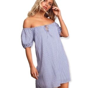 Lulus Keep It Fresh Blue and White Striped Off-the-Shoul Medium